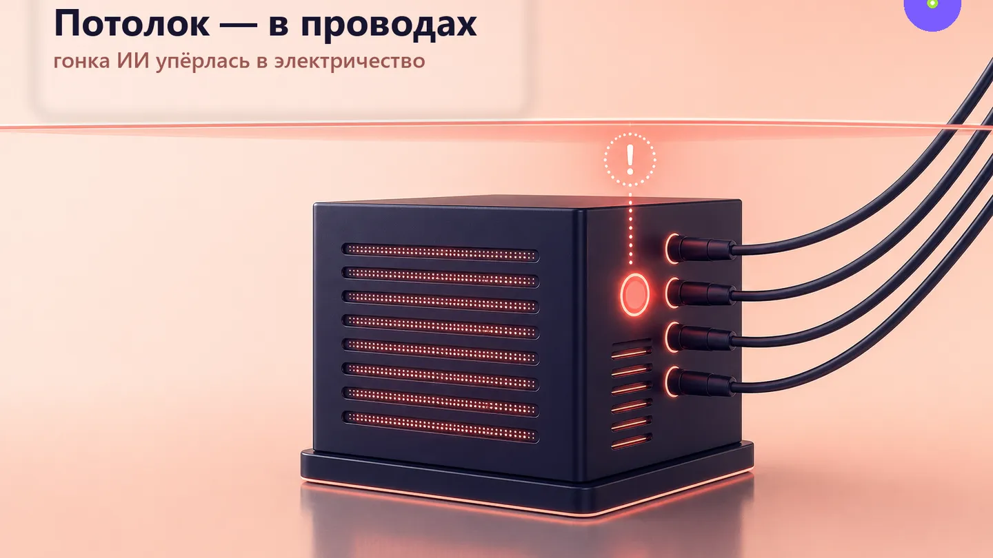 Индустриальная редакционная обложка дата-центра, где поток энергии становится несущей системой всей башни.