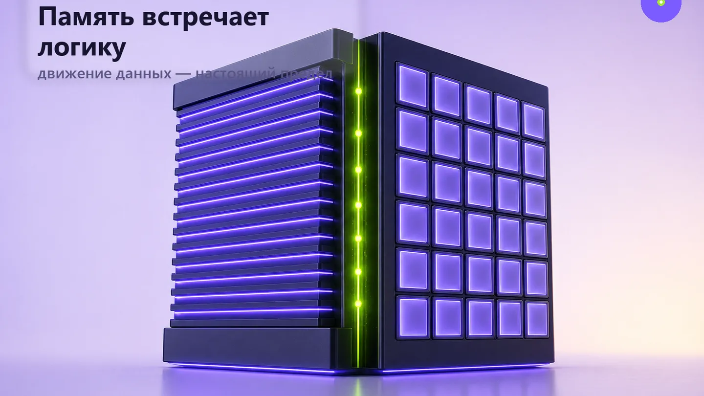 Редакционная обложка с высокой вычислительной башней, где слои памяти и логики сходятся в один контур.