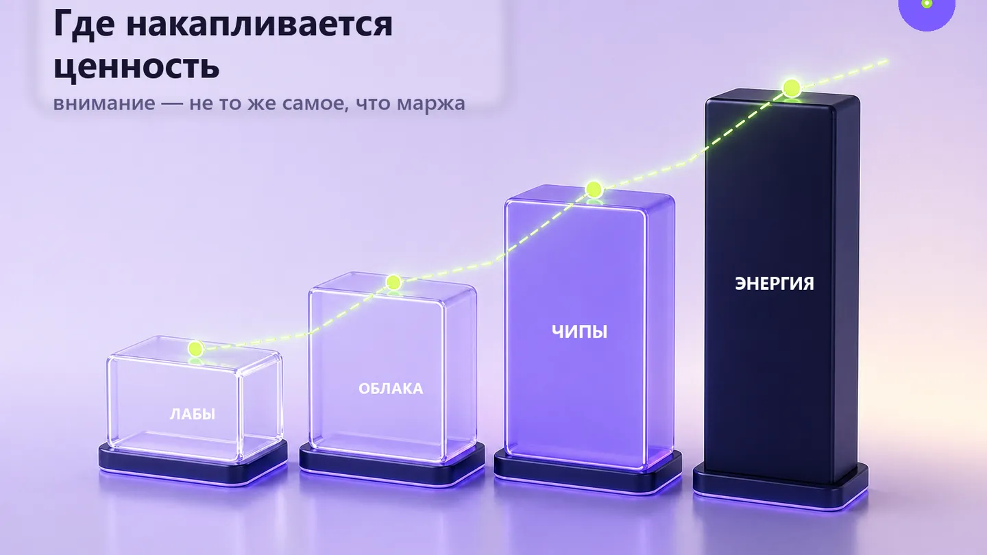 Редакционная обложка SCQR к материалу «Кто реально зарабатывает на буме ИИ: лаборатории, облака, чипы или энергосистема».