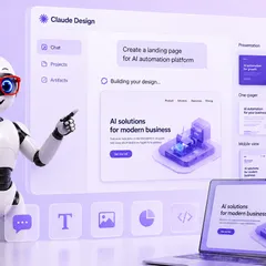 Маскот SCQR указывает на интерфейс Claude Design с собранным наброском посадочной страницы.