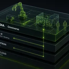 Слоистая визуализация связки NVIDIA: CUDA-X, Nemotron, DGX Cloud — и сцена с роботом-манипулятором поверх в Omniverse.