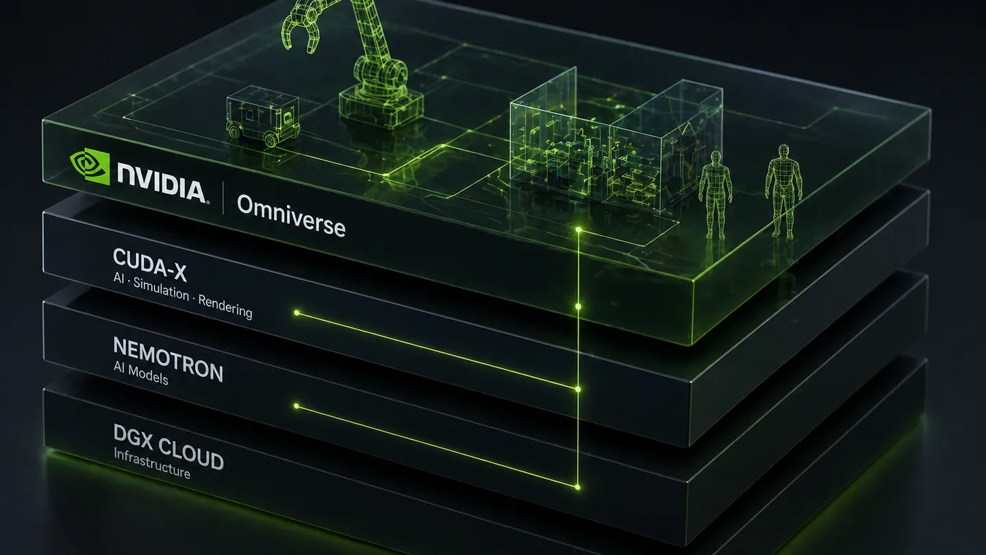 Слоистая визуализация связки NVIDIA: CUDA-X, Nemotron, DGX Cloud — и сцена с роботом-манипулятором поверх в Omniverse.