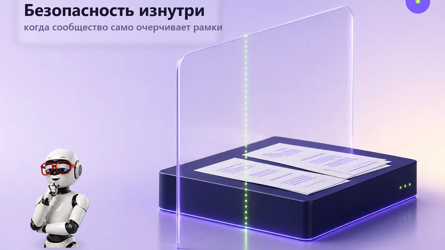 Тонкий лиловый периметр вокруг тёмного блока: визуальная метафора того, как сообщество фронтира само очерчивает рамки исследовательской работы.