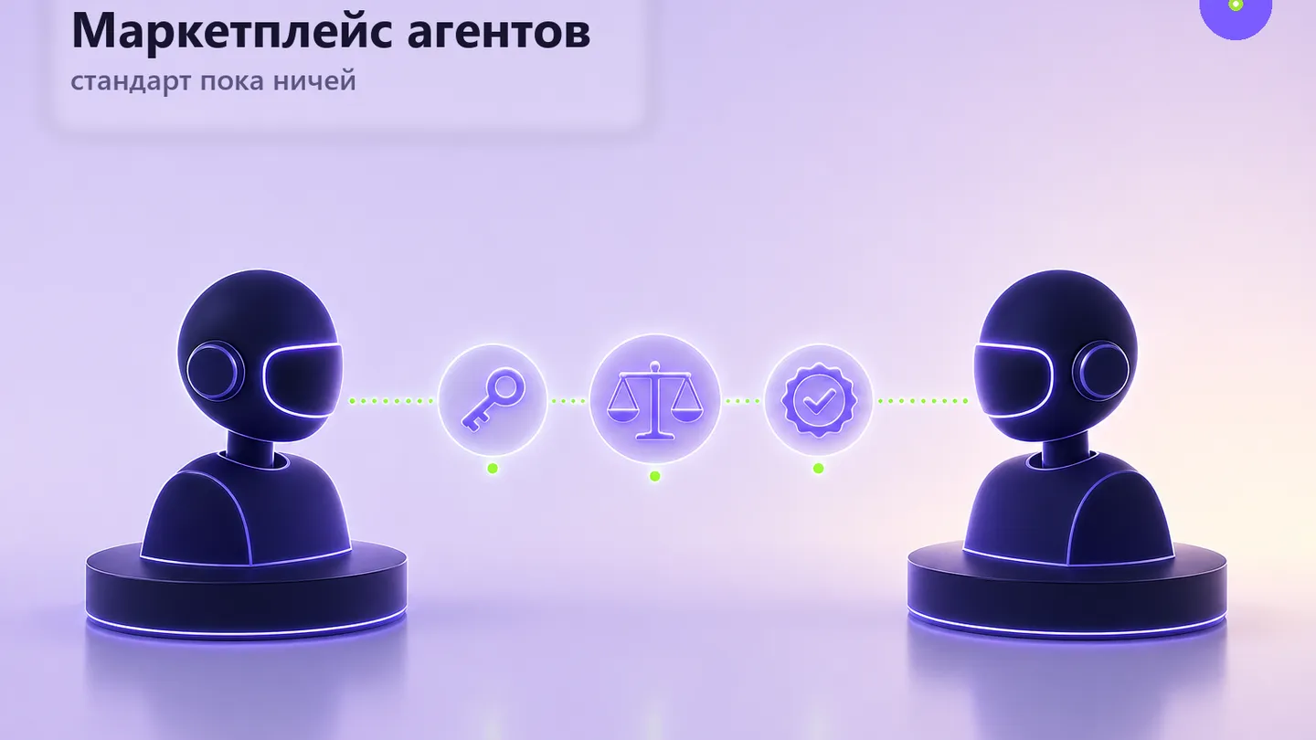 Схема: два агента стоят по разные стороны сделки, между ними — пустое место, на котором должен появиться общий протокол.