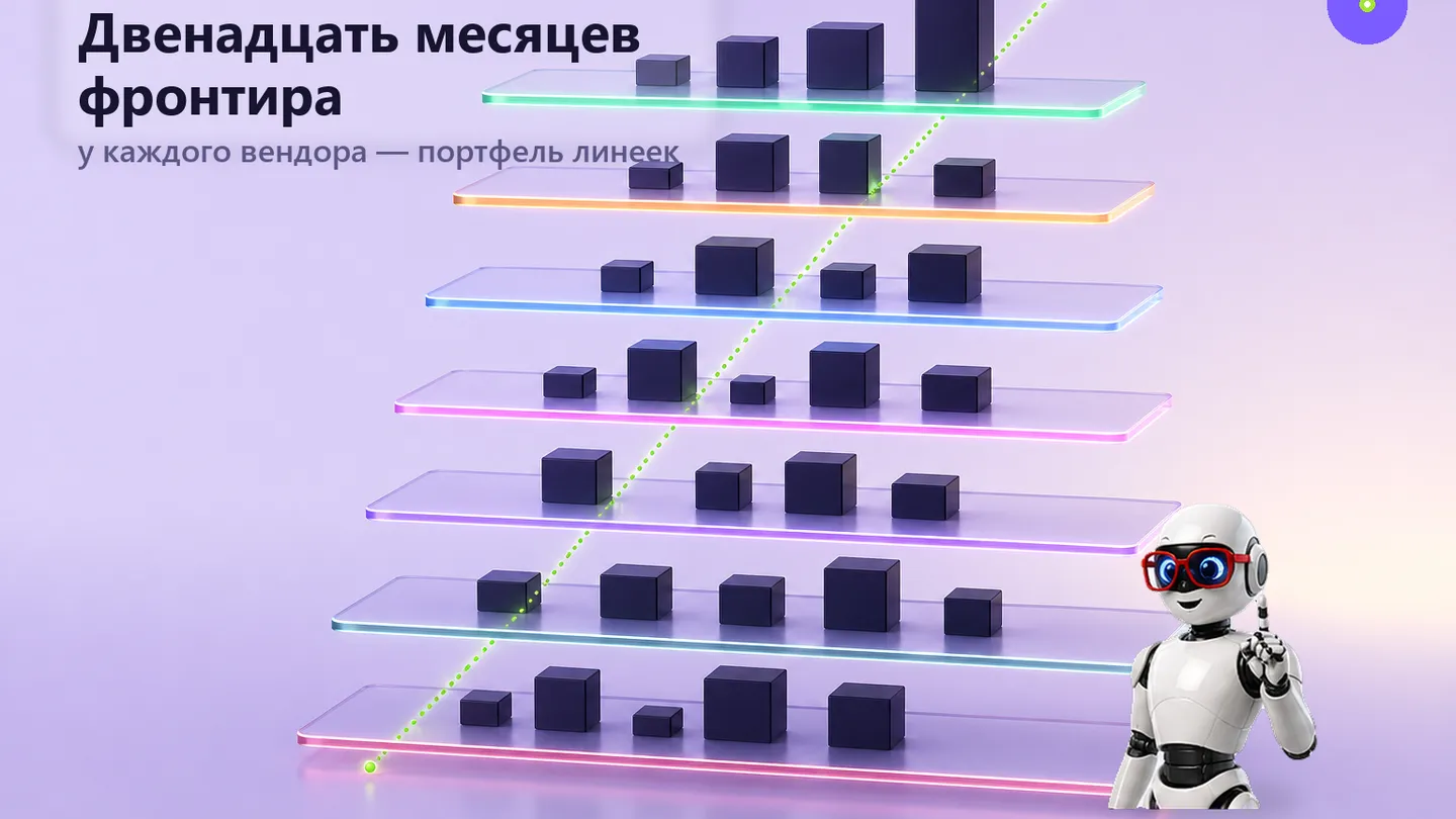 Трёхмерная сетка точек: каждая точка — один релиз модели; точки выстроены по линиям одного цвета на разной глубине, как полки фабрики.