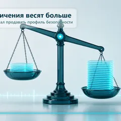 Редакционная обложка SCQR: на витрине лаборатории слева — список того, что модель умеет, справа — отдельный детализированный список того, что она не делает; правая витрина больше.