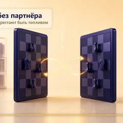 Редакционная обложка SCQR: бесконечно повторяющаяся пара зеркальных шахматных досок-моделей, которые играют сами с собой; рядом — почти исчерпанный архив человеческих партий.