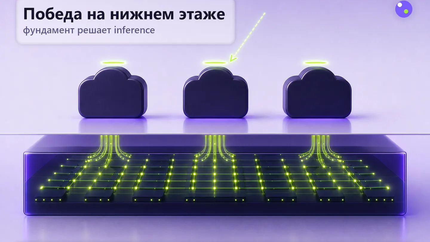 Редакционная обложка SCQR: фундамент дата-центра уходит в землю на нижнем этаже стека, верхние этажи моделей и приложений только-только проступают над ним.