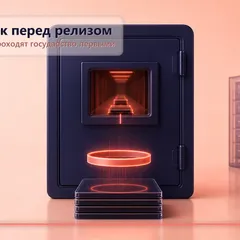 Редакционная обложка SCQR: модель уходит в закрытую дверь с печатью одобрения, прежде чем выйти на рынок; за дверью видна перспектива новых релизов в очереди.